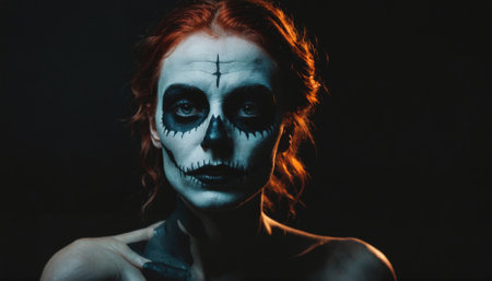 A woman with red hair stares intently into the camera with a painted skull on her faceの素材