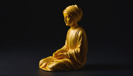 A golden statue of a woman sits in meditation on a black surfaceの素材