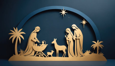 A paper cutout nativity scene with a blue background shows Mary, Joseph, and baby Jesus, with a star above themの素材