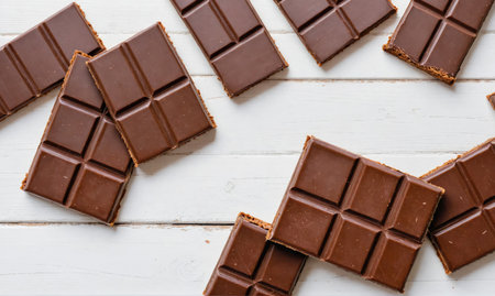 Dark chocolate bars lay scattered on a white wooden surfaceの素材
