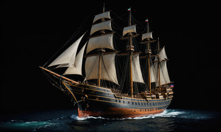 A large, wooden sailing ship with white sails glides across the dark blue waterの素材