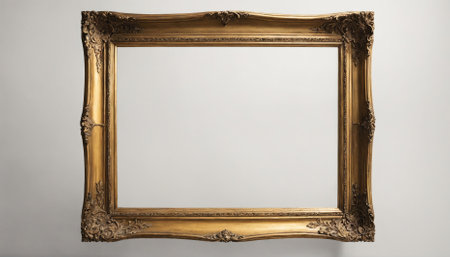A large, ornate gold picture frame hangs on a white wallの素材