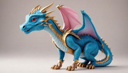 A blue and gold dragon figurine sits on a white backgroundの素材