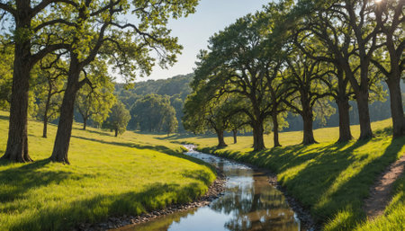 A winding stream flows through a grassy meadow, surrounded by lush trees in the early afternoonの素材