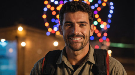 A man smiles brightly at the camera in front of a colorful, blurry light display at nightの素材
