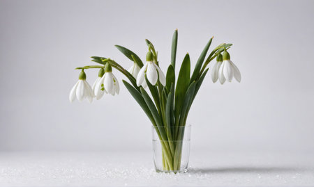 A bouquet of delicate white snowdrops sits in a clear glass vase, perched atop a white surfaceの素材