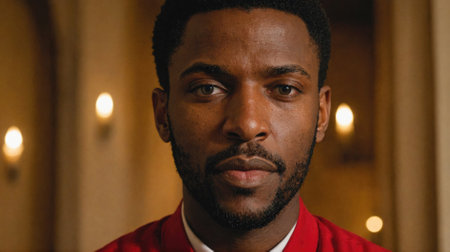 A man in a red jacket stares directly at the camera in a dimly lit roomの素材