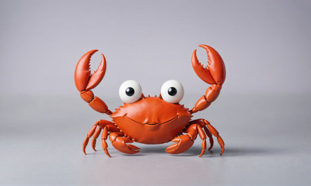 A red crab with large eyes smiles as it stands on a light gray surfaceの素材
