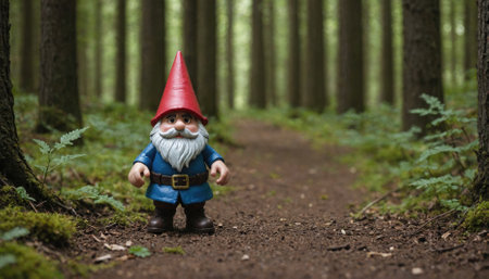 A garden gnome walks down a path through a forest on a sunny dayの素材