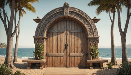 A large wooden door with intricate carvings stands open on a sandy beach, flanked by palm treesの素材