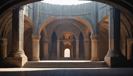 A large, stone archway leads to a set of stairs and a bright doorway in the center of a grand hallの素材