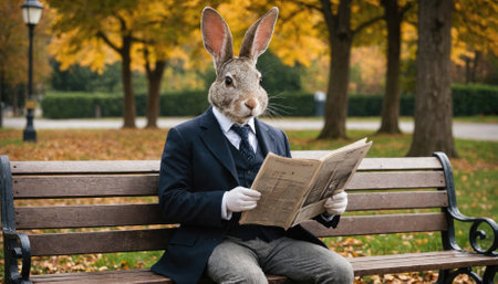 A rabbit in a suit sits on a park bench and reads a newspaper on a fall dayの素材