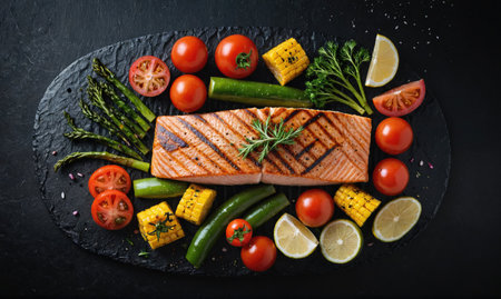 Grilled salmon with fresh vegetables and herbs on a black slate plateの素材