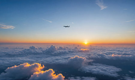 A plane flies over a sea of clouds during sunsetの素材