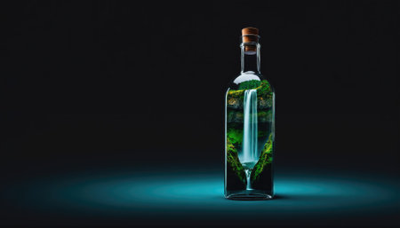A glass bottle with a cork stopper contains a miniature waterfall and greenery against a dark backgroundの素材