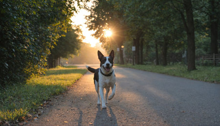 A happy dog runs down a paved path on a sunny day, surrounded by lush green treesの素材