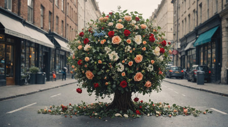 A flower tree stands in the middle of a city street, its blooms spilling onto the pavementの素材