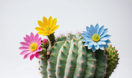 A cactus with yellow, pink, and blue flowers blooms against a white backgroundの素材