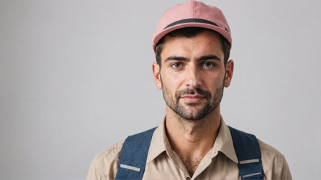 A man with a beard wears a pink hat and a tan shirt in front of a gray wallの素材