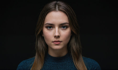 A young woman with long brown hair stares directly at the camera against a black backgroundの素材