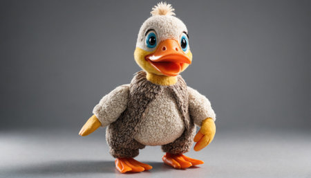 A plush duck wearing a sweater stands in front of a gray backgroundの素材