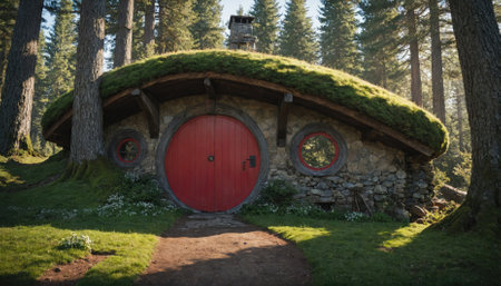 A hobbit hole with a red door and a mossy roof nestled in a forestの素材