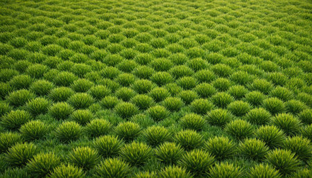 Lush green grass grows in rows, creating a textured fieldの素材