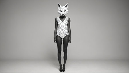 A woman wearing a geometric bodysuit and a fox mask stands in a white studioの素材