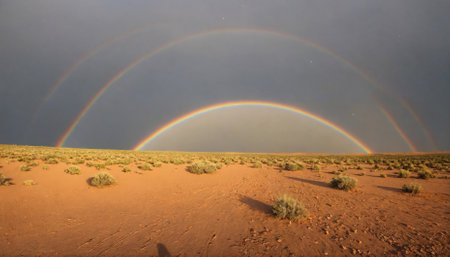 A double rainbow arches over a desert landscape after a stormの素材