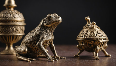 A golden frog figurine sits on a dark table next to two ornate, lidded, golden containersの素材