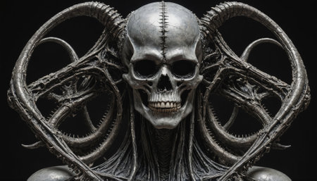 A detailed, black and white image of a creature with a skull-like head, horns, and a intricate, skeletal bodyの素材