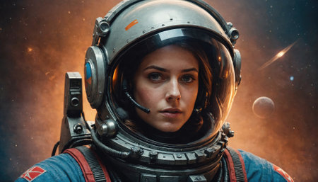 A woman in a spacesuit looks out at the starsの素材