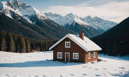 A small, wooden cabin sits nestled in the snow, surrounded by a snowy landscape and towering, snow-capped mountains in the distanceの素材