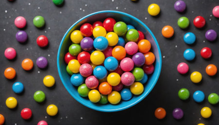 A bowl of colorful candies sits on a black background, with a few spilling outの素材