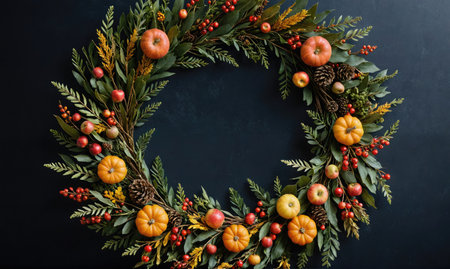 A festive fall wreath decorated with pumpkins, apples, berries, and pine cones, perfect for adding a touch of autumn to your homeの素材