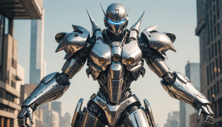 A large, silver robot stands in front of a city skylineの素材