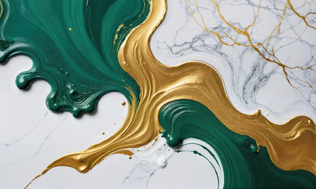 A close-up of swirling gold and emerald green paint on a white marble backgroundの素材