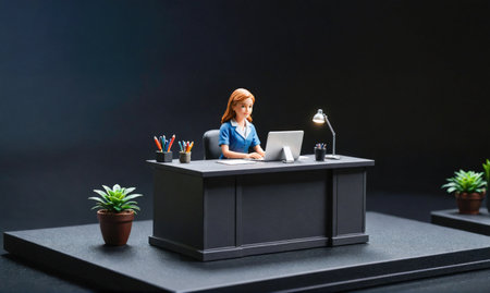 A miniature figurine of a woman sits at a desk and uses a laptop in a dark roomの素材