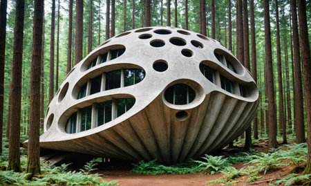A unique, concrete house sits nestled among tall trees in a forestの素材