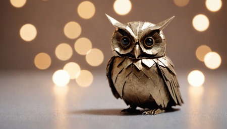 A metal owl sculpture sits on a table with soft, warm lights blurring in the backgroundの素材