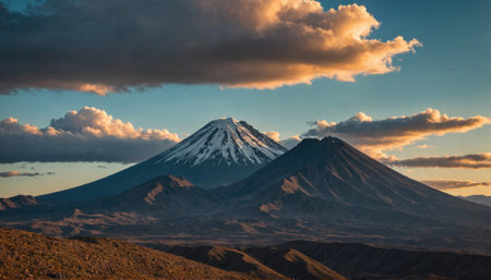 A snow-capped mountain peak rises above the clouds in the evening lightの素材