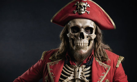 A skeleton dressed as a pirate stares intensely at the camera, wearing a red hat with a skull and crossbones, and a red jacketの素材