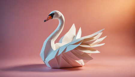 A white origami swan sits on a light pink surface, its wings spread out as if its about to take flightの素材
