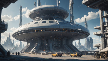 A futuristic city with tall buildings and a large, hovering structure in the foregroundの素材