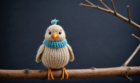 A knitted bird wearing a blue scarf sits on a branch against a dark blue backgroundの素材