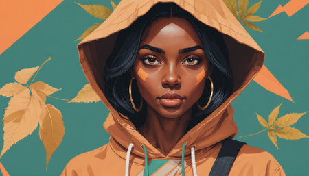 A woman with dark hair and brown eyes stares intently at the viewer while wearing a brown hoodieの素材