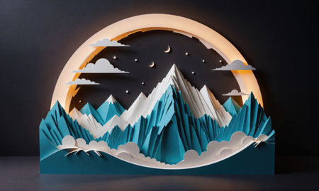 A papercraft mountain range illuminated by a crescent moon and stars in a dark skyの素材