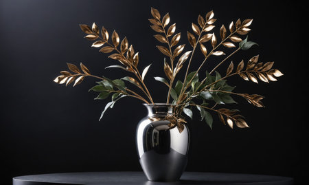 A silver vase with golden leaves sits on a black tableの素材