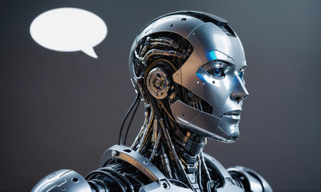 A metallic robot with a blank expression looks to the right, a speech bubble floating above its headの素材