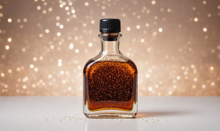 A glass bottle of brown liquid sits on a white surface with a blurred background of golden lightsの素材
